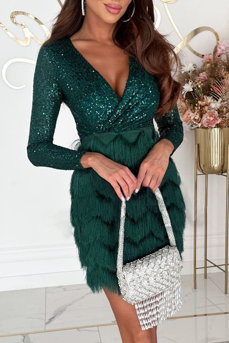 Silver sequin wrap mini dress with V-neck bodice and feather-textured skirt for glamorous evenings