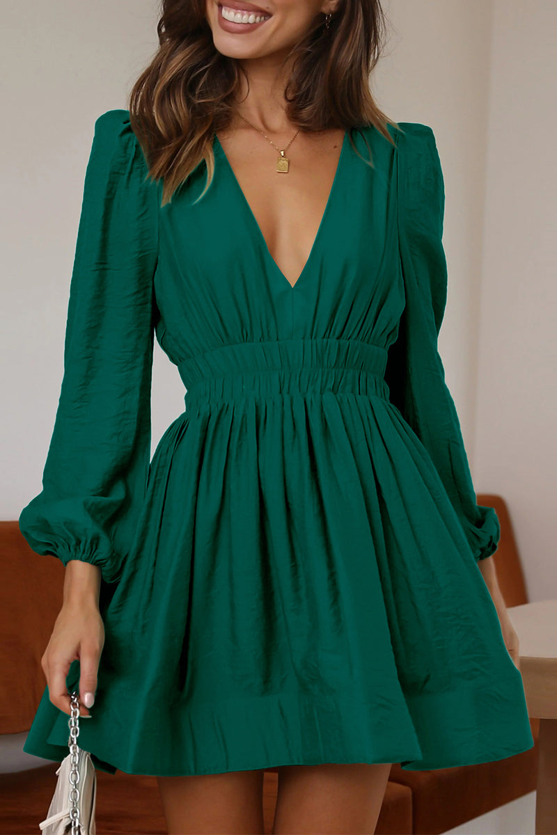Nova mini dress black V-neck long puff sleeves elegant fitted silhouette for date night glamour