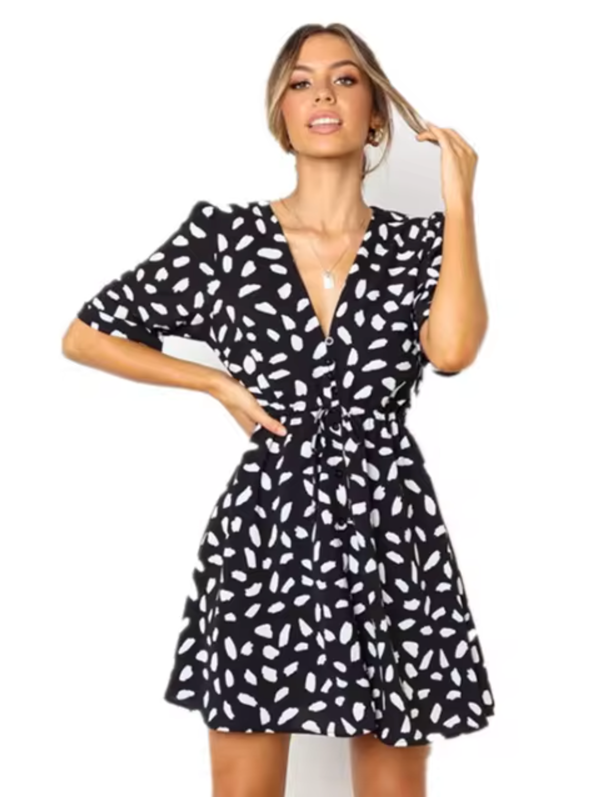 Nova mini dress V-neck waist tie flirty summer silhouette city chic flattering fit