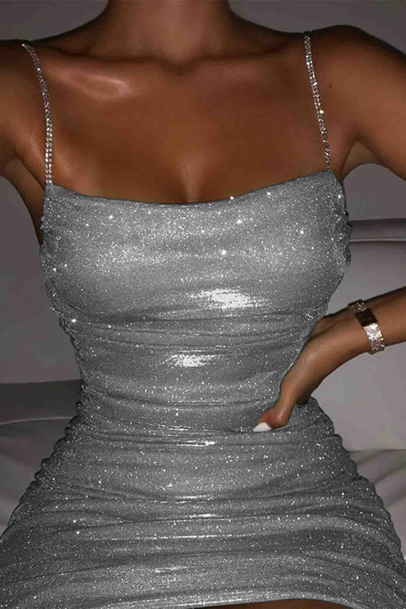 Metallic bodycon mini dress silver ruched sculpting stretch lurex party glam night out