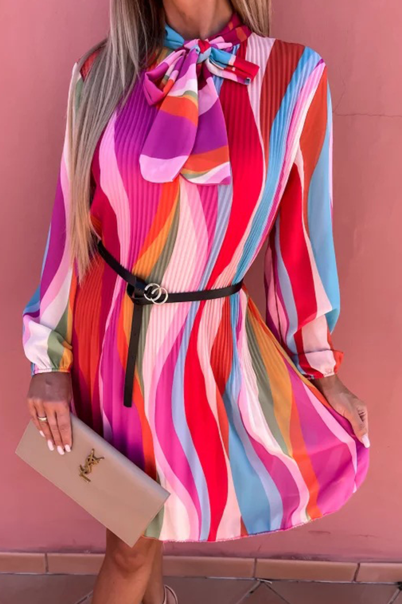 Multicolor striped A-line pleated dress with bow-tie neckline and accordion pleats above-knee length