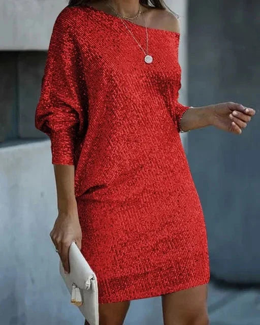 Nova silver sequin knee-length evening dress relaxed straight cut with blouson sleeves
