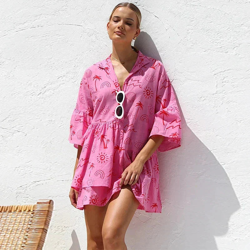 Celestial print flared mini shirt dress deep V-neck bold cosmic pattern city-chic style
