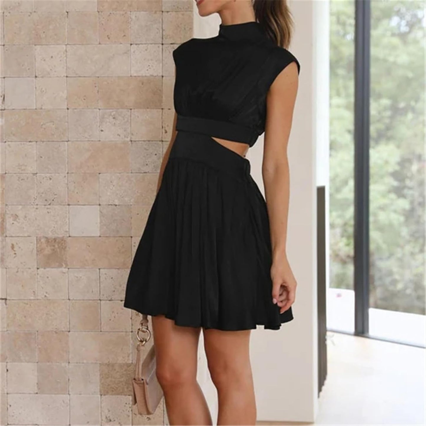 Sleeveless two-piece crop top and A-line mini skirt set high-neck high-waist modern chic outfit