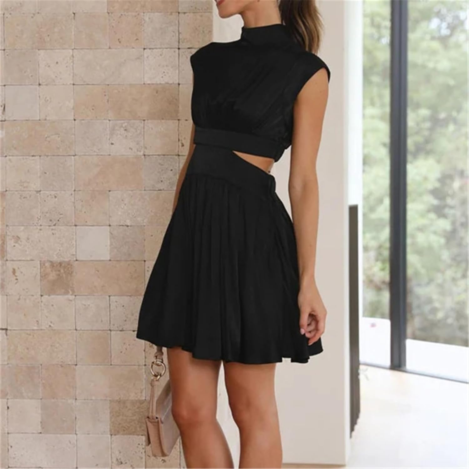 Sleeveless two-piece crop top and A-line mini skirt set high-neck high-waist modern chic outfit