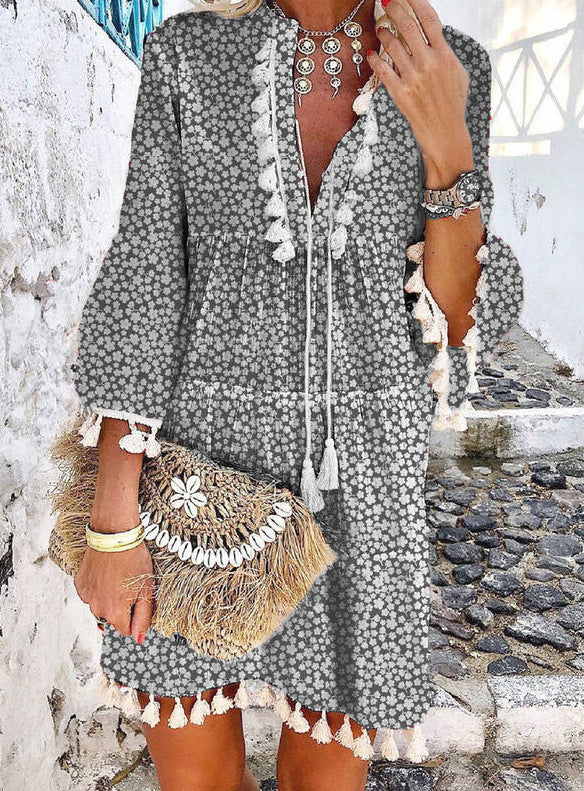 Boho floral mini dress V-neck tassel detail bell sleeves empire waist lightweight women