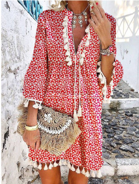 Floral boho mini dress V-neck tassel ties bell sleeves scalloped trim empire waist lightweight