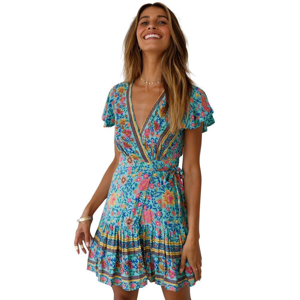 Floral wrap mini dress women short sleeves adjustable tie waist casual chic flattering silhouette