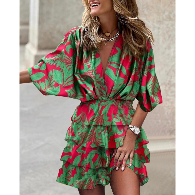 Bohemian wrap mini dress women flowy silhouette front-wrap detail vacation brunch daytime casual