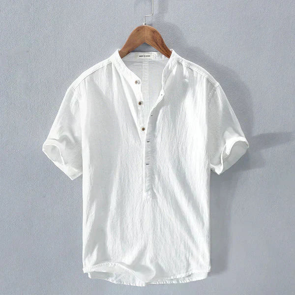 Men's light blue cotton-linen Henley shirt breathable regular fit casual summer button placket