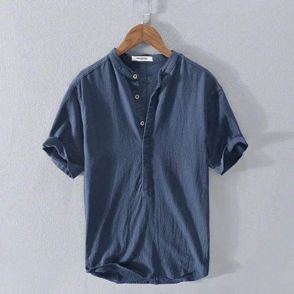 Men's light blue cotton-linen Henley shirt regular fit breathable button placket casual summer top