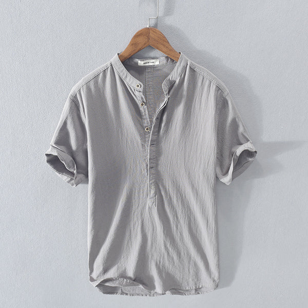 Men's light blue cotton-linen Henley shirt regular fit breathable button placket casual summer