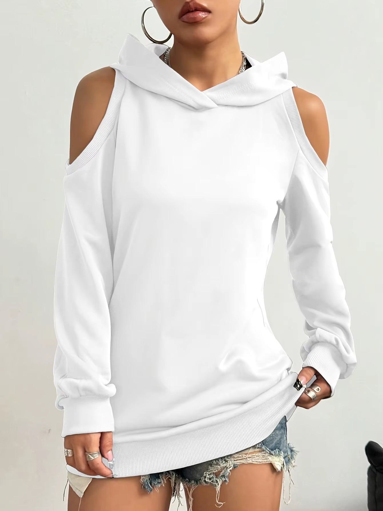 Women's off-shoulder hoodie draped soft knit relaxed fit with shoulder cutouts