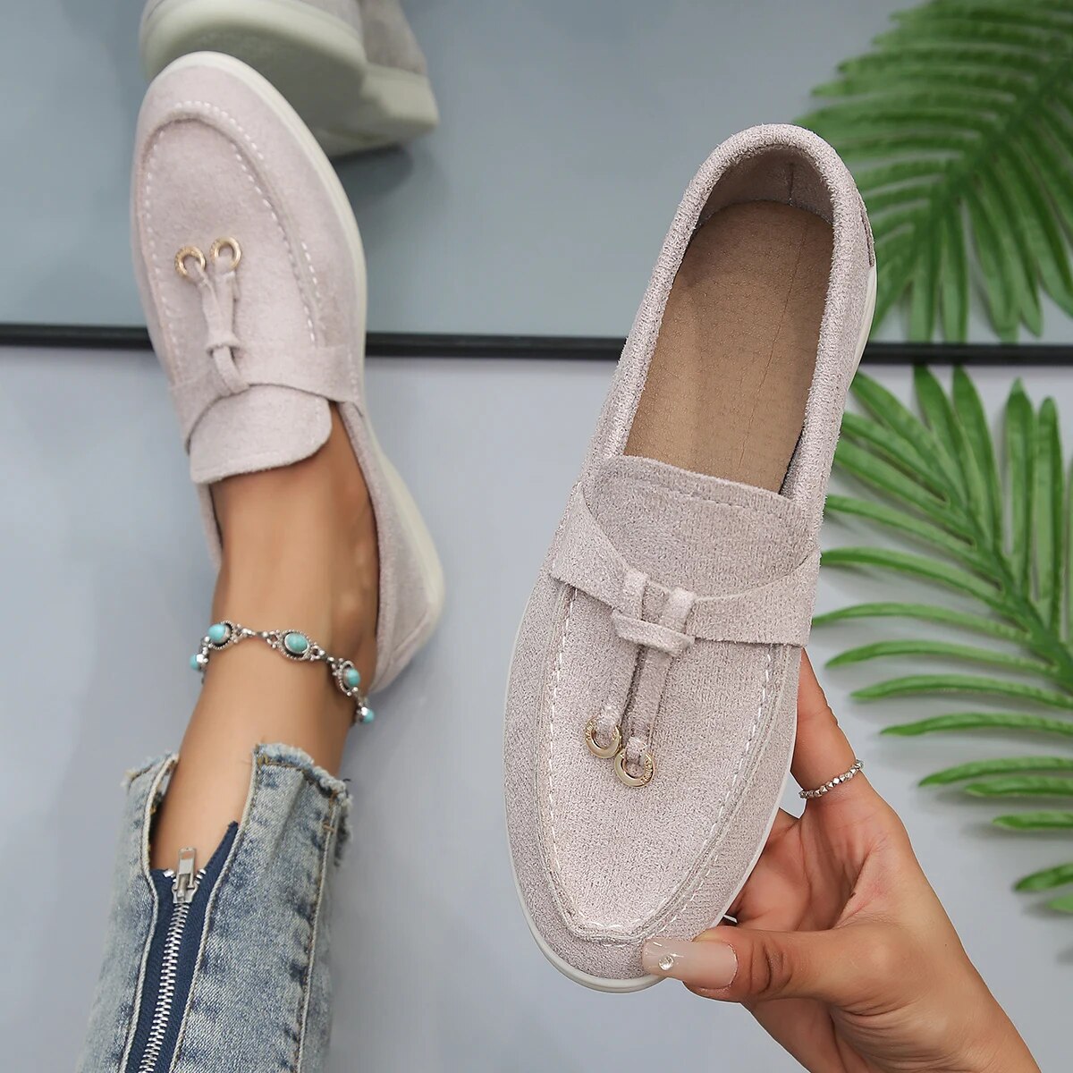 Kestrel women's slip-on moccasin beige suede-finish PU leather with cushioned sole everyday comfort