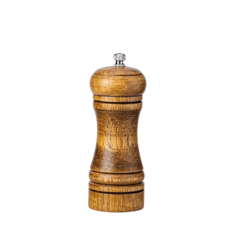 Solid oak wood spice grinder set with hand-crank rustic design and adjustable ceramic grinding mechanism