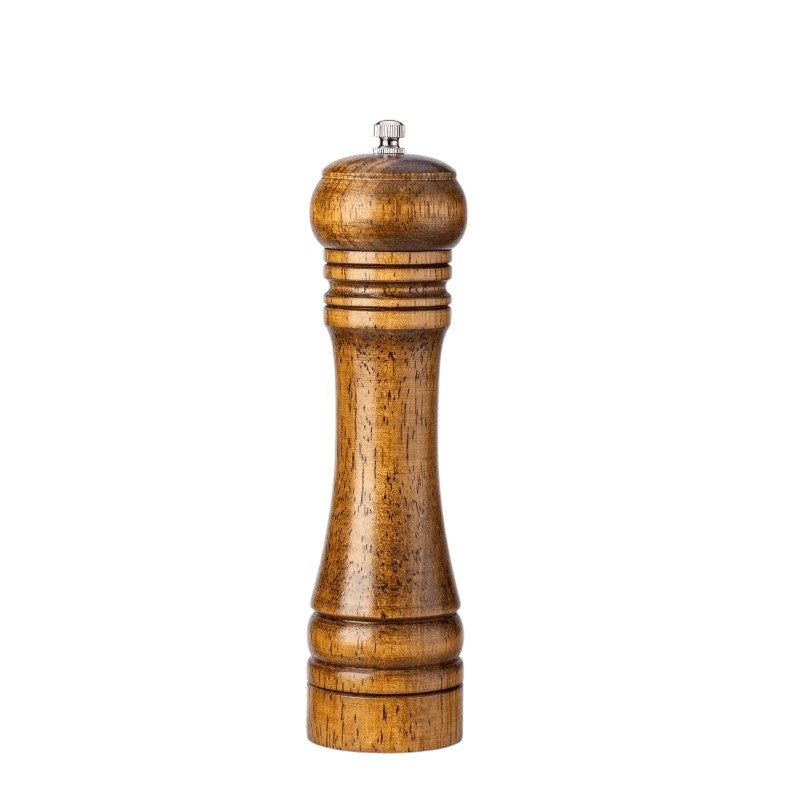 Traditional oak wood spice grinder set with hand-crank ceramic mechanism and natural grain finish