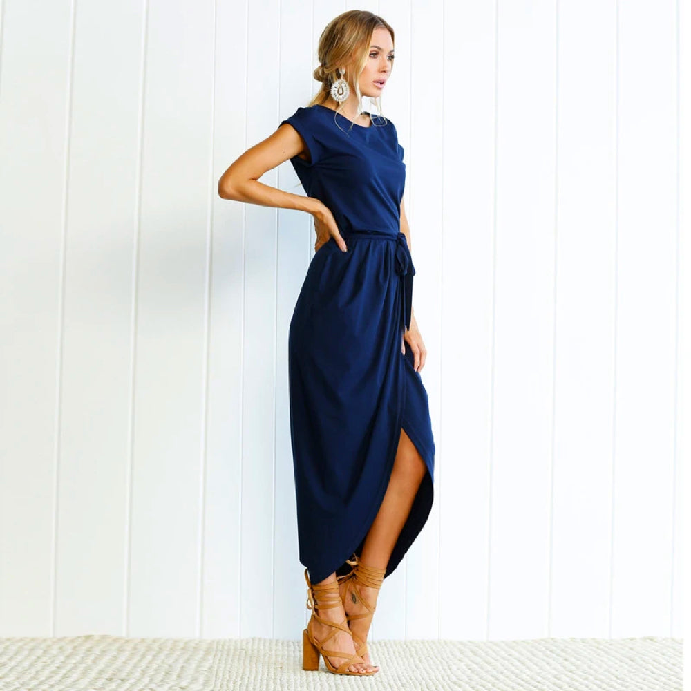 Women's light airy maxi dress cotton blend wrap silhouette adjustable waist tie asymmetric slit