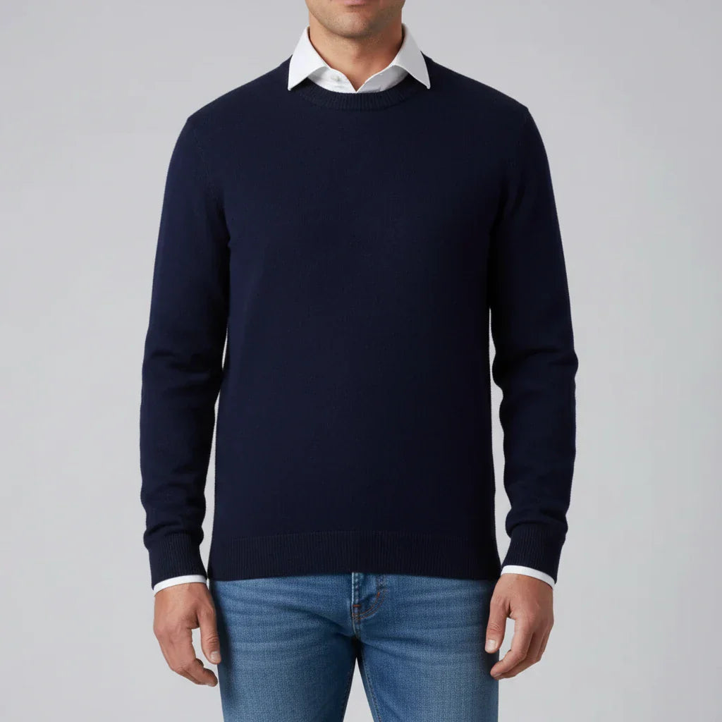 Men's light blue crew neck knit sweater regular fit classic timeless layering essential