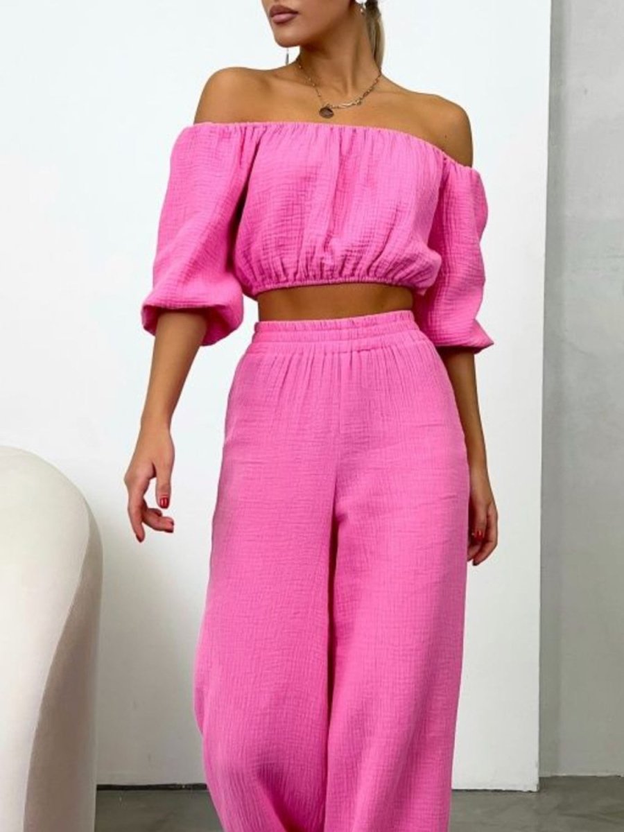 Elegant off-shoulder draped two-piece top and pants set with long sleeves for women eveningwear
