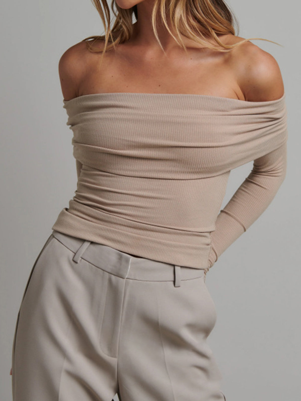 Women's ribbed crop top long sleeve slim fit slight stretch casual everyday wear