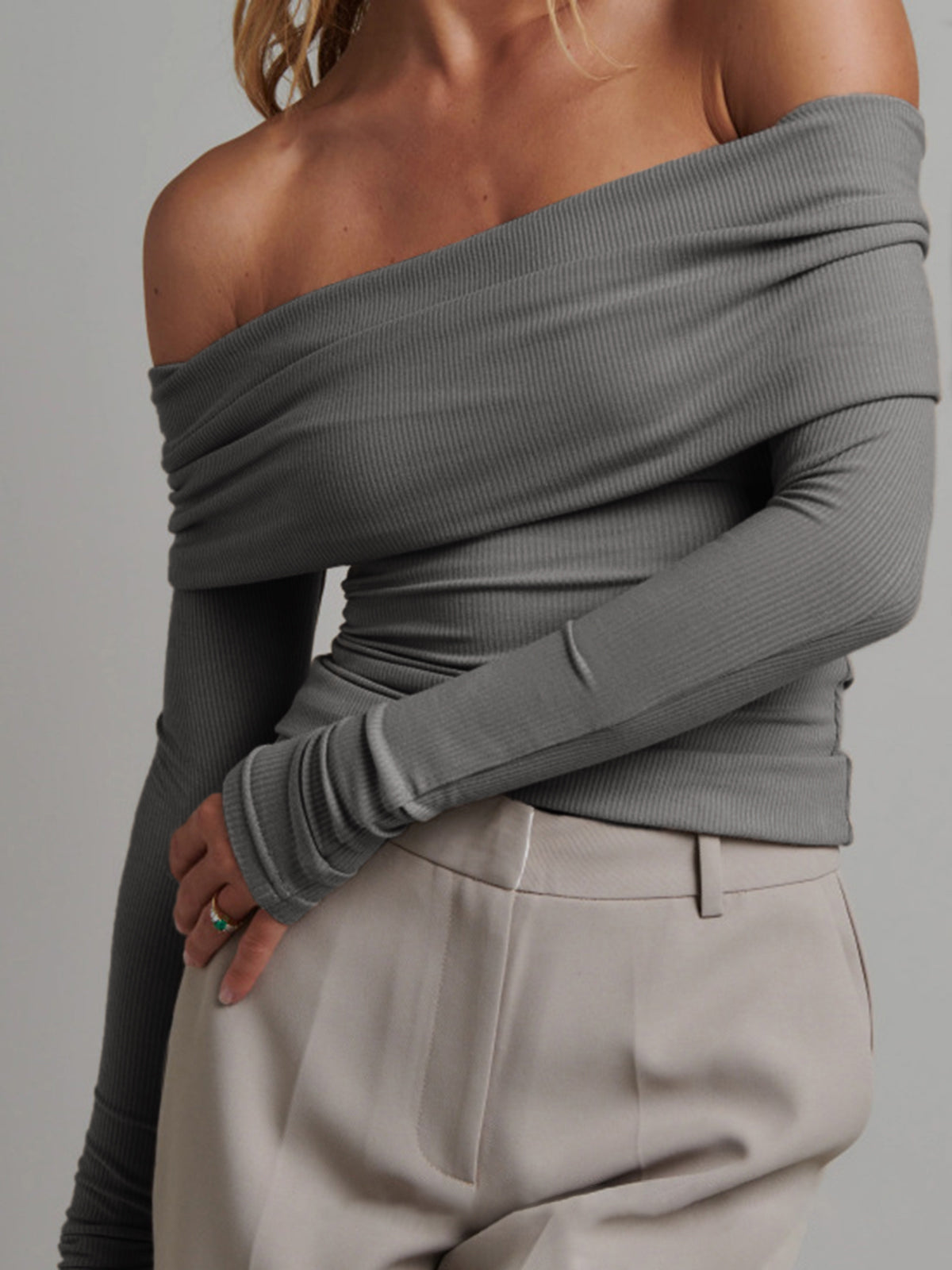 Women's ribbed crop long sleeve top slim fit slight stretch casual everyday wear