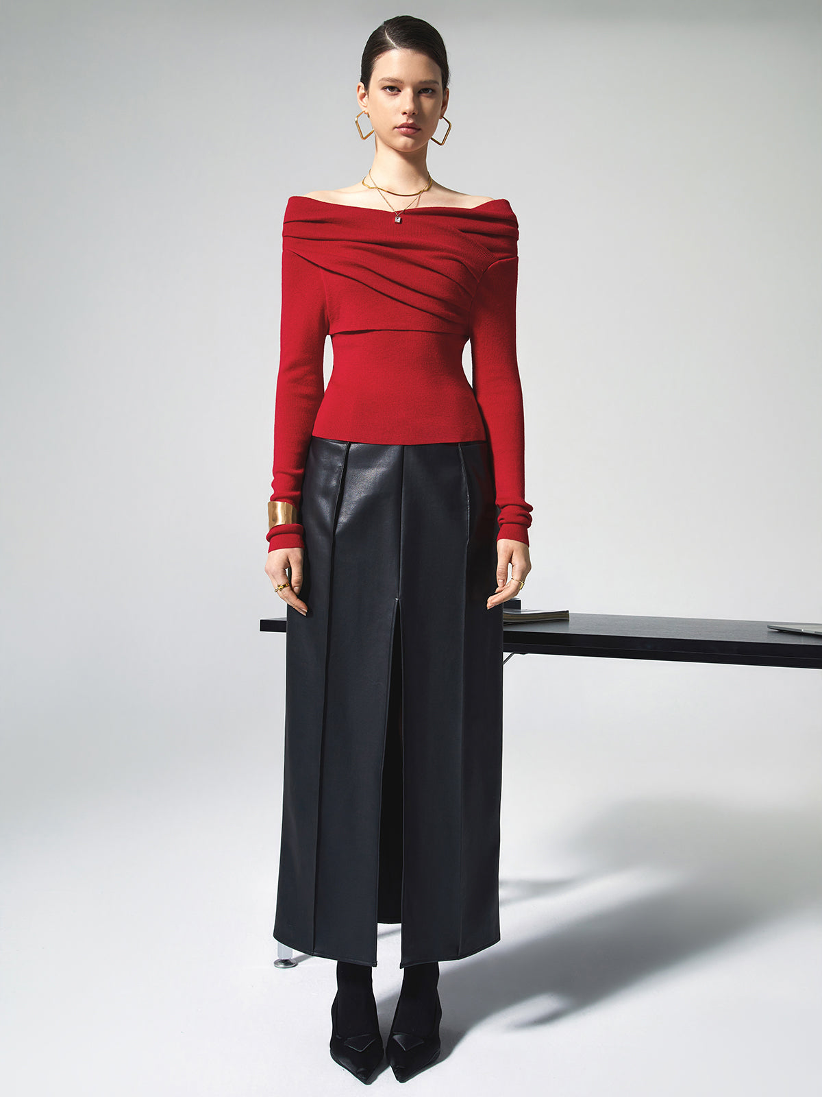 Women's off shoulder wrap knit top slim fit long sleeve with slight stretch casual chic