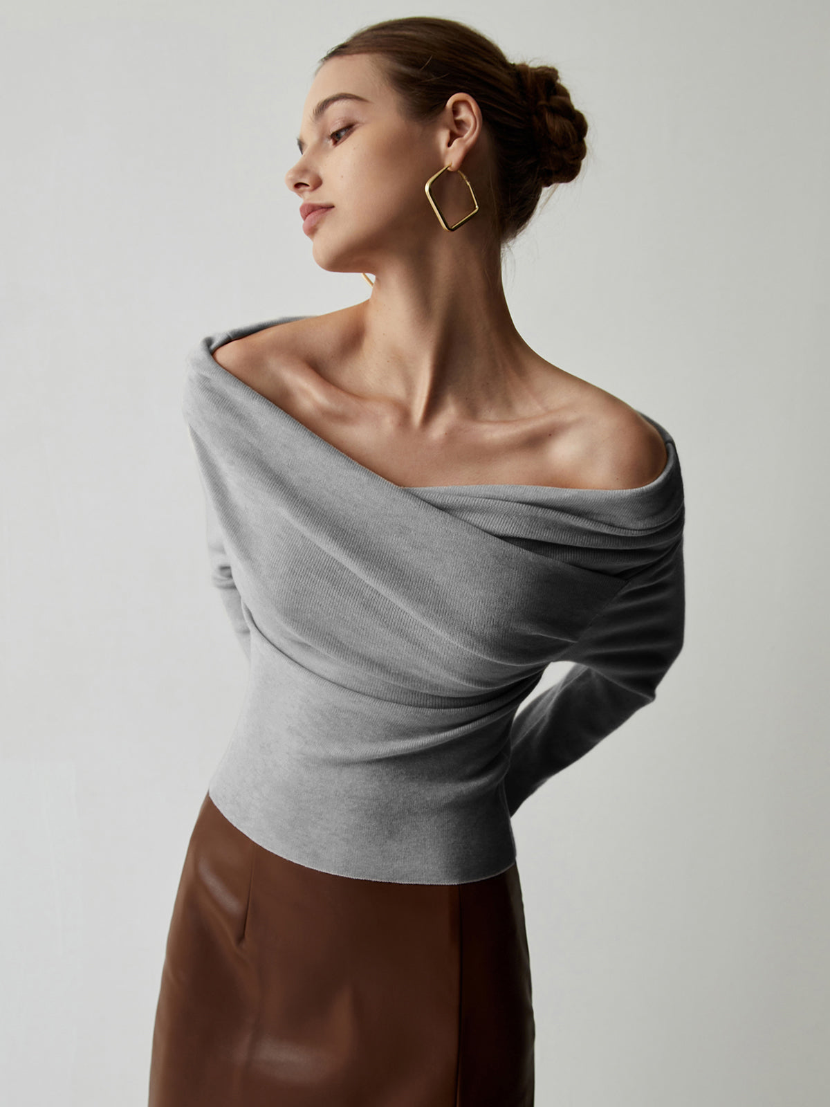 Women's off shoulder wrap knit top slim fit long sleeve with slight stretch casual chic