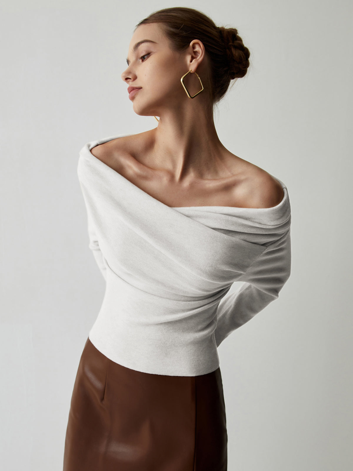 Women's off shoulder wrap knit top slim fit long sleeve with slight stretch casual chic style
