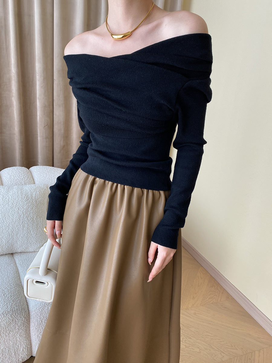 Women's off shoulder wrap knit top slim fit long sleeve casual chic slight stretch sweater