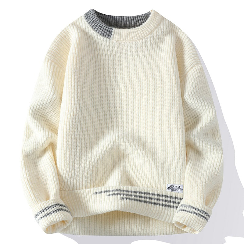 Men's color block knitted pullover crew neck warm casual stretch knit top layering essential