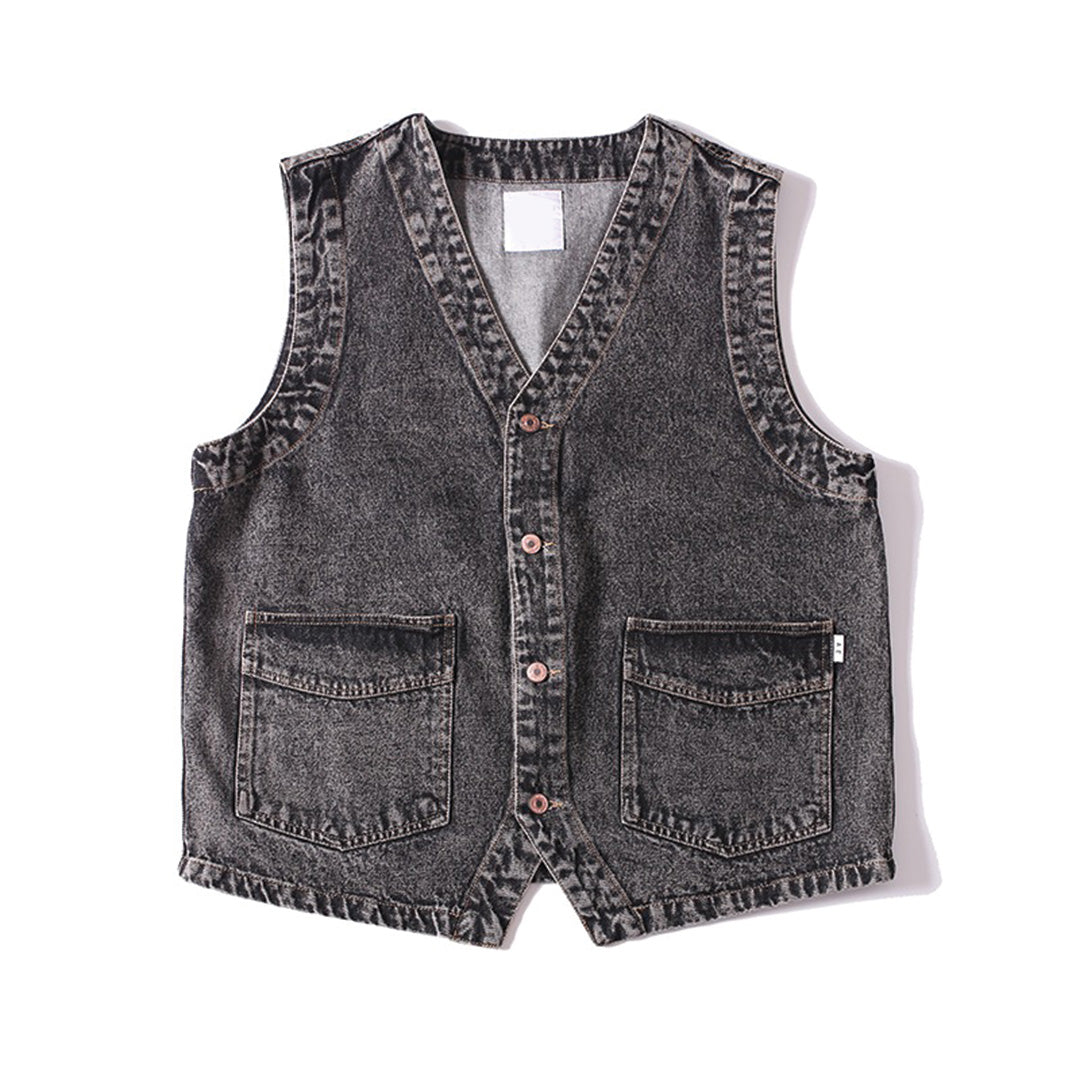 Worn blue denim utility vest unisex vintage style three patch pockets versatile layering button closure