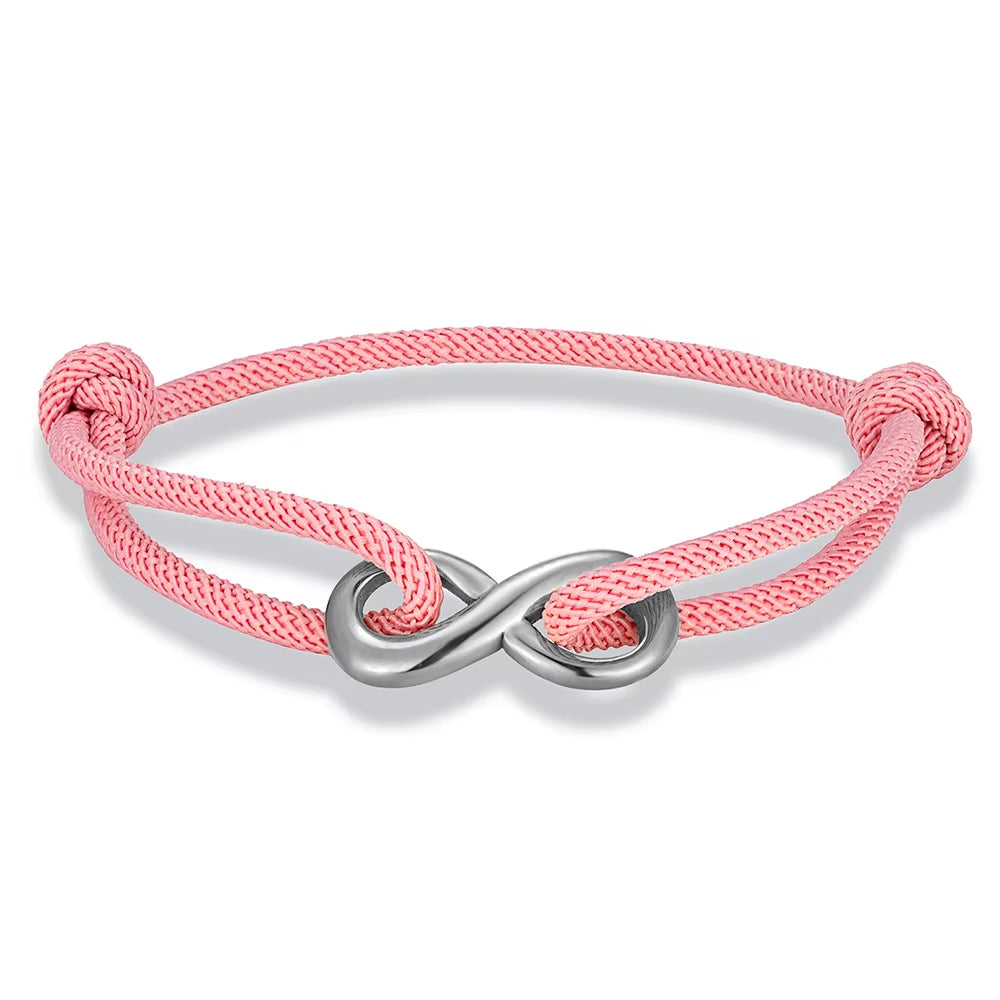 Adjustable braided cord bracelet with stainless steel infinity charm minimalist unisex everyday style