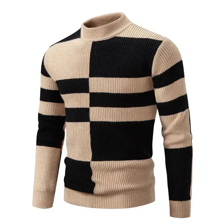 Men's Enzo navy graphic block knit jumper with bold modern pattern and relaxed fit