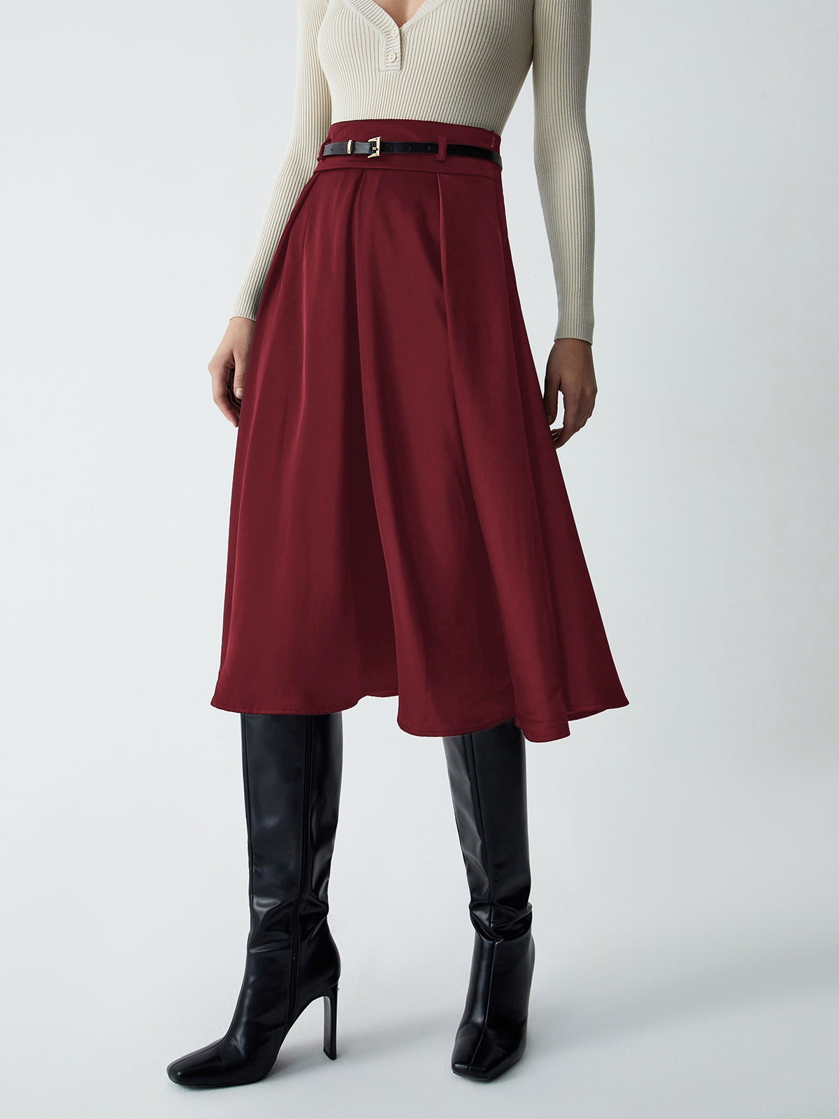 Beige belted midi skirt old money aesthetic tailored shift silhouette for office wear