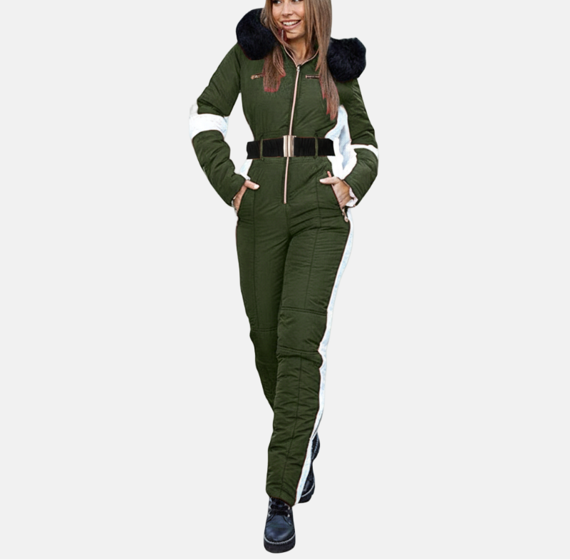 Women's belted one-piece ski suit with plush hood, streamlined winter silhouette for skiing and snowboarding