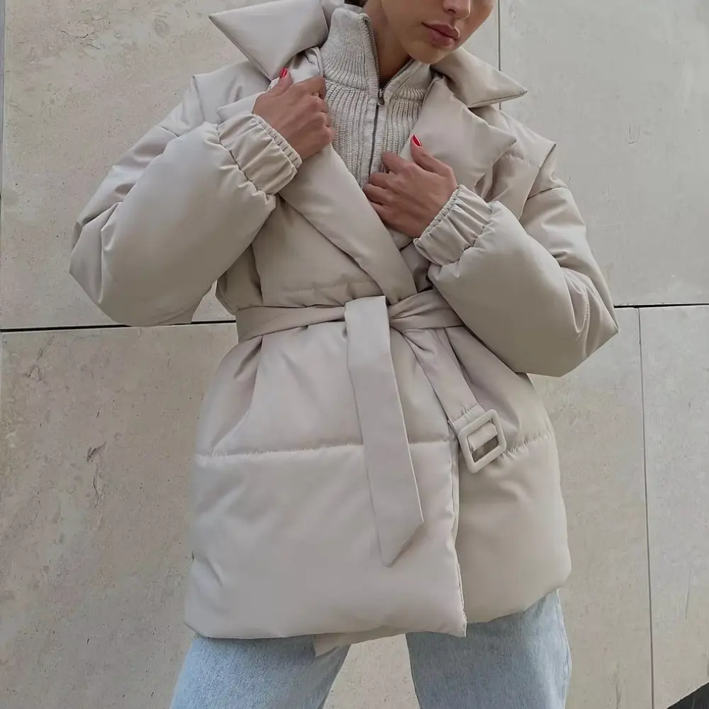 Women's loose fit cotton padded winter jacket with oversized collar and belted waist, cozy warm layer