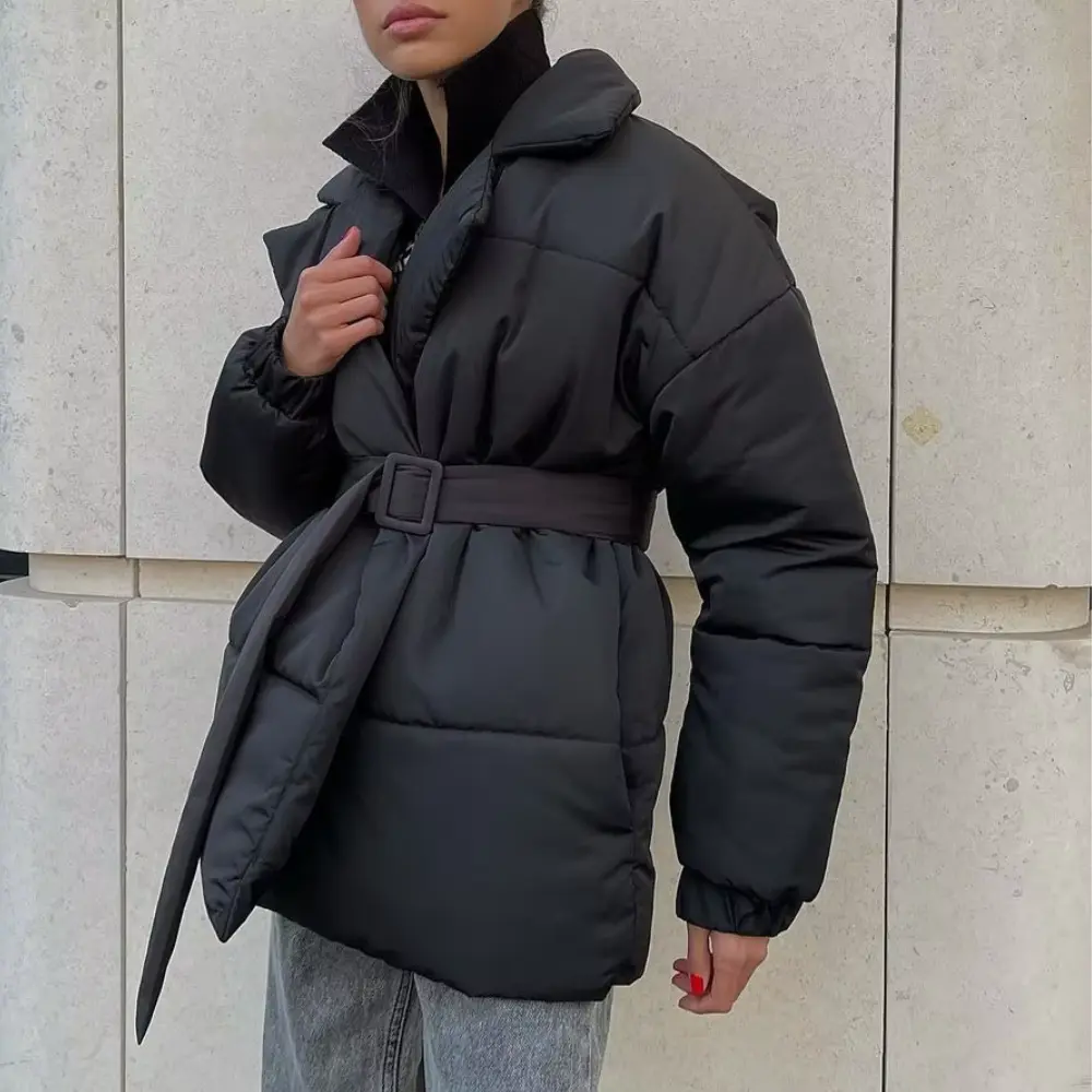 Women's loose fit cotton padded winter jacket with oversized collar and belted waist, cozy warm style
