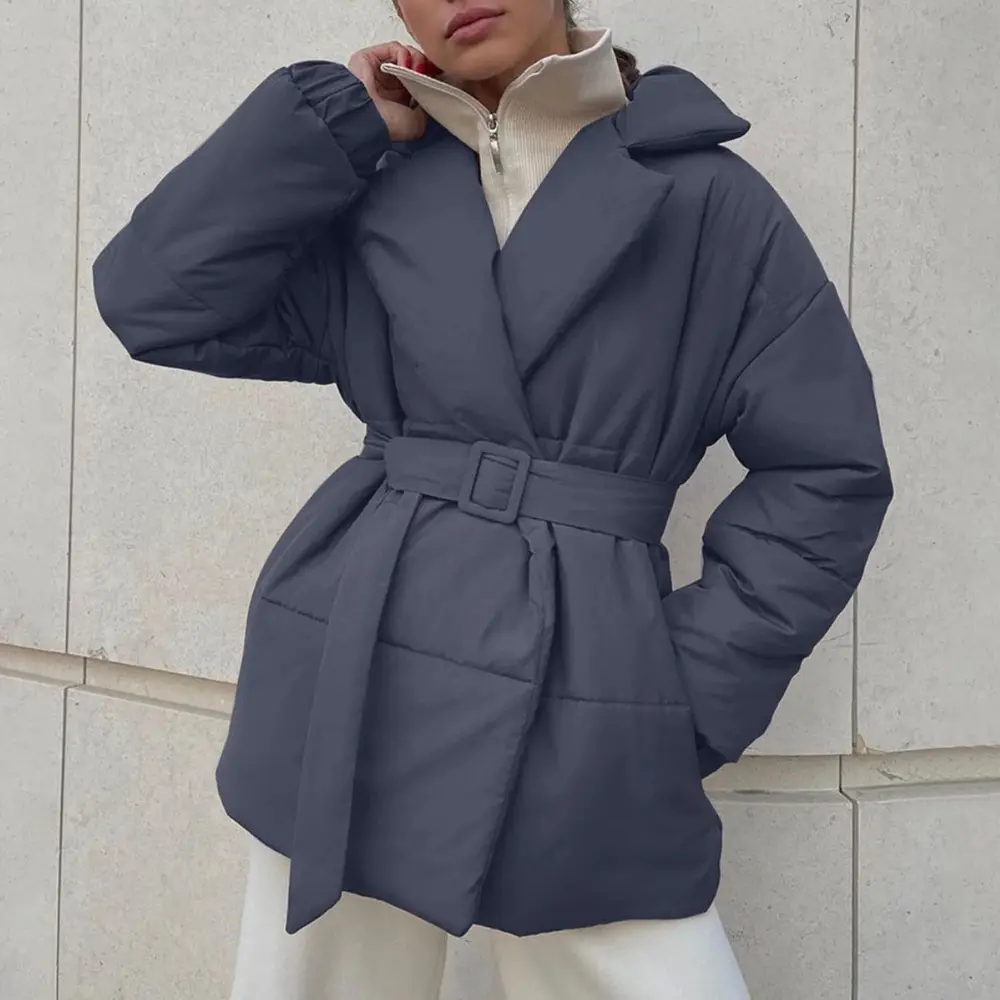 Women's loose fit cotton padded winter jacket with oversized collar and belted waist, cozy warm style