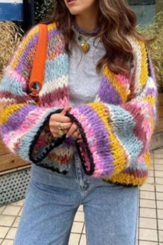 Women's striped knit crop cardigan in bold multicolor stripes, versatile layering essential with cropped silhouette