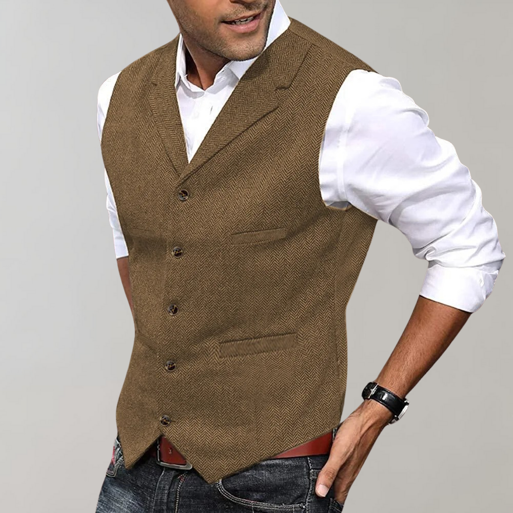 Men's classic navy blue vest full button placket V-neckline structured layering slim cut
