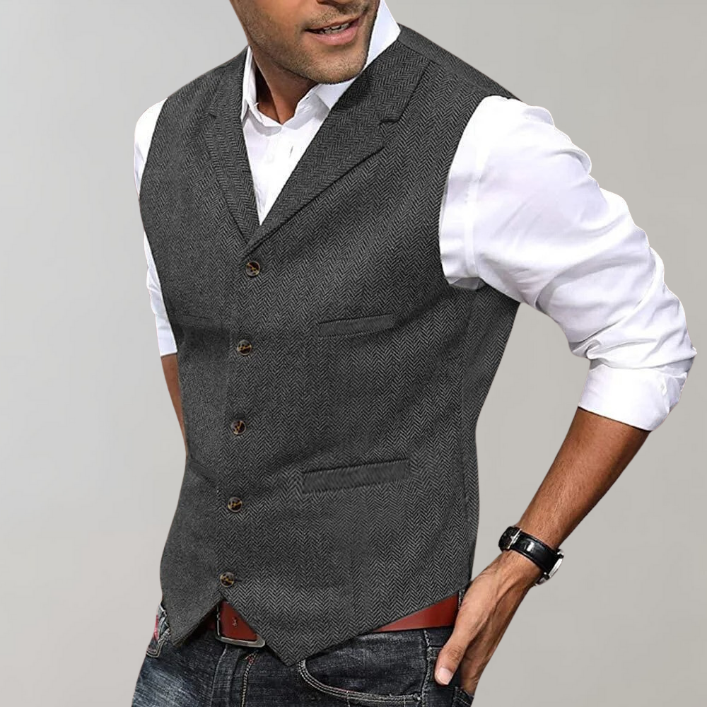 Men's navy blue structured vest classic V-neckline full button placket timeless layering silhouette