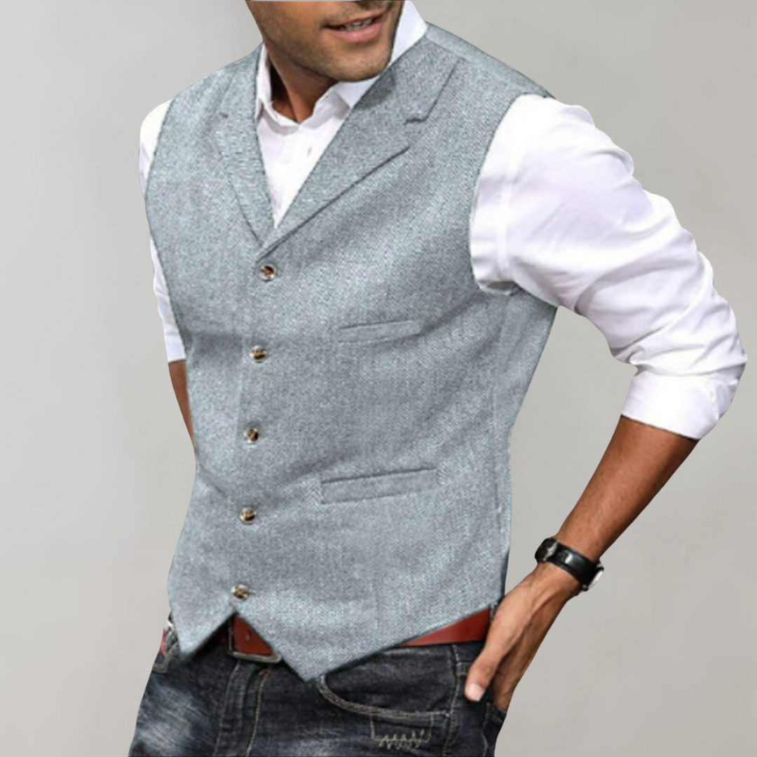 Men's Olli classic vest navy blue V-neckline full button placket structured layering silhouette