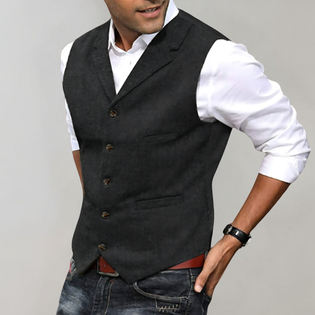 Men's classic navy blue vest with full button placket and structured V-neckline for smart layering