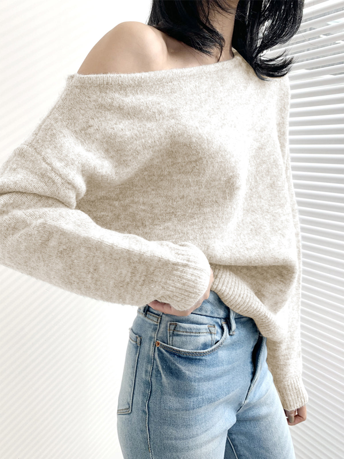 Women's one-shoulder asymmetric knit sweater soft acrylic blend romantic casual cold-shoulder detail