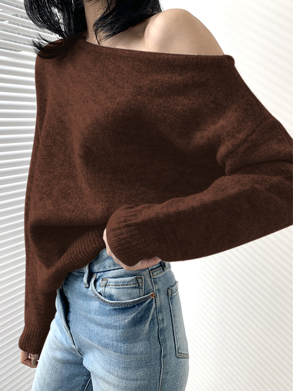 Women's one-shoulder asymmetric knit sweater soft acrylic blend romantic cold-shoulder detail