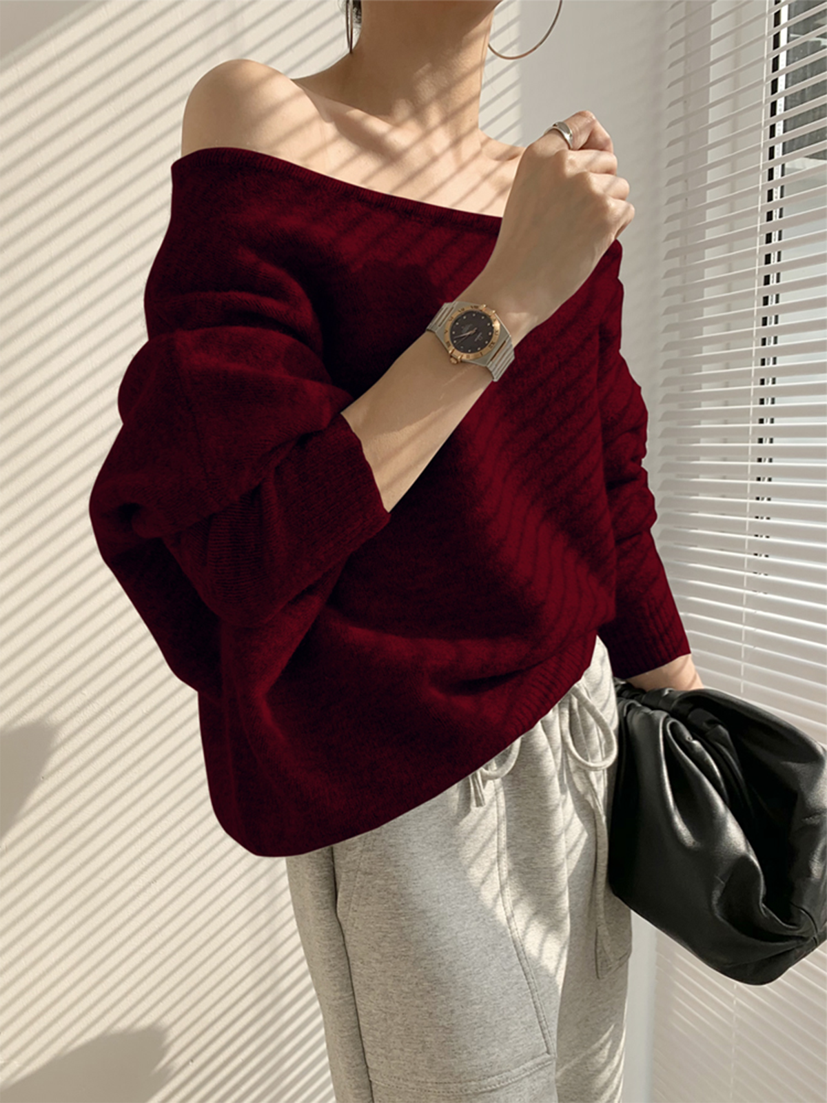 Women's one-shoulder asymmetric knit sweater soft acrylic blend romantic casual cold-shoulder detail