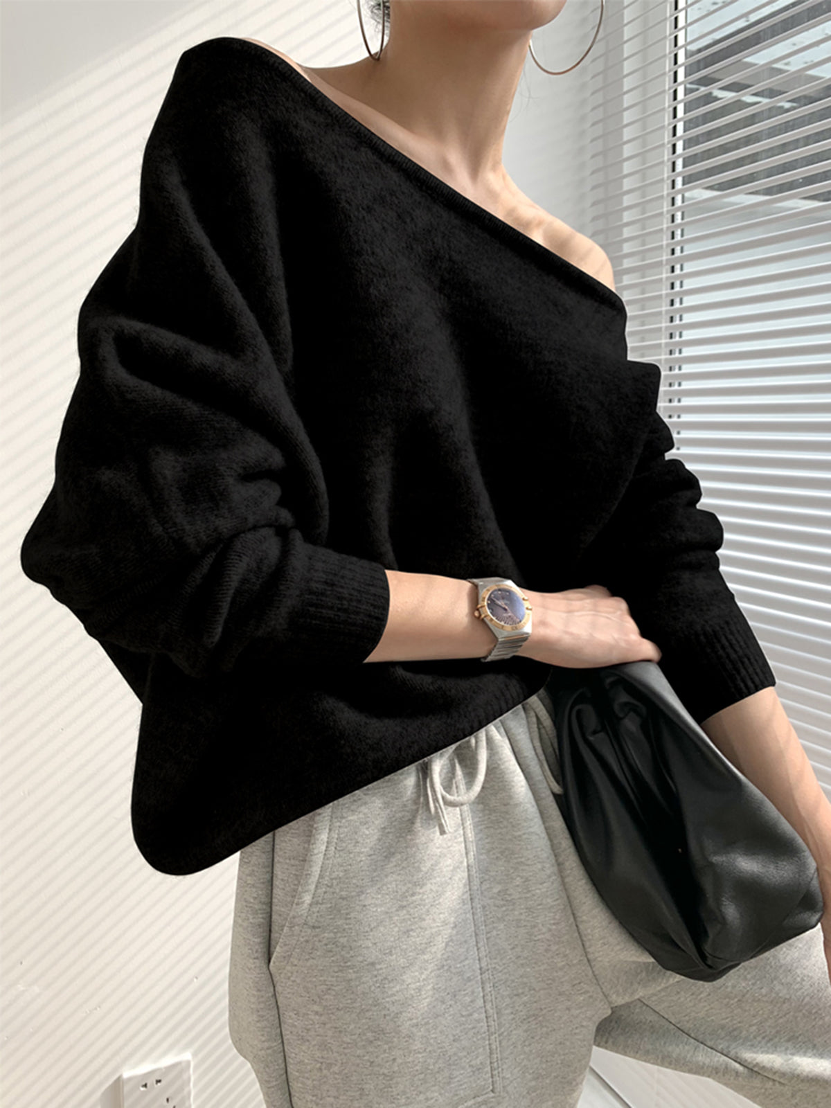 Women's one-shoulder asymmetric knit sweater soft acrylic blend romantic casual cold-shoulder detail