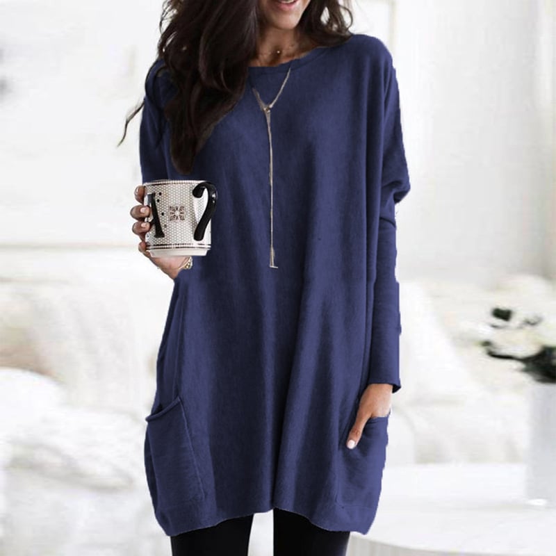 Women's long trench sweater neutral-tone cozy knit elongated silhouette with structured belt detail