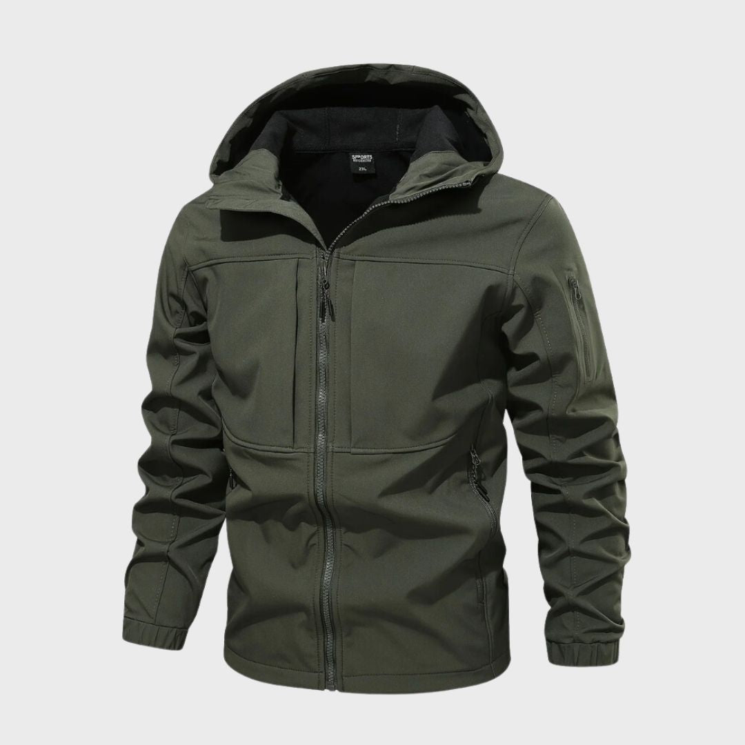 Men's olive military utility jacket windproof slim fit with multiple functional pockets