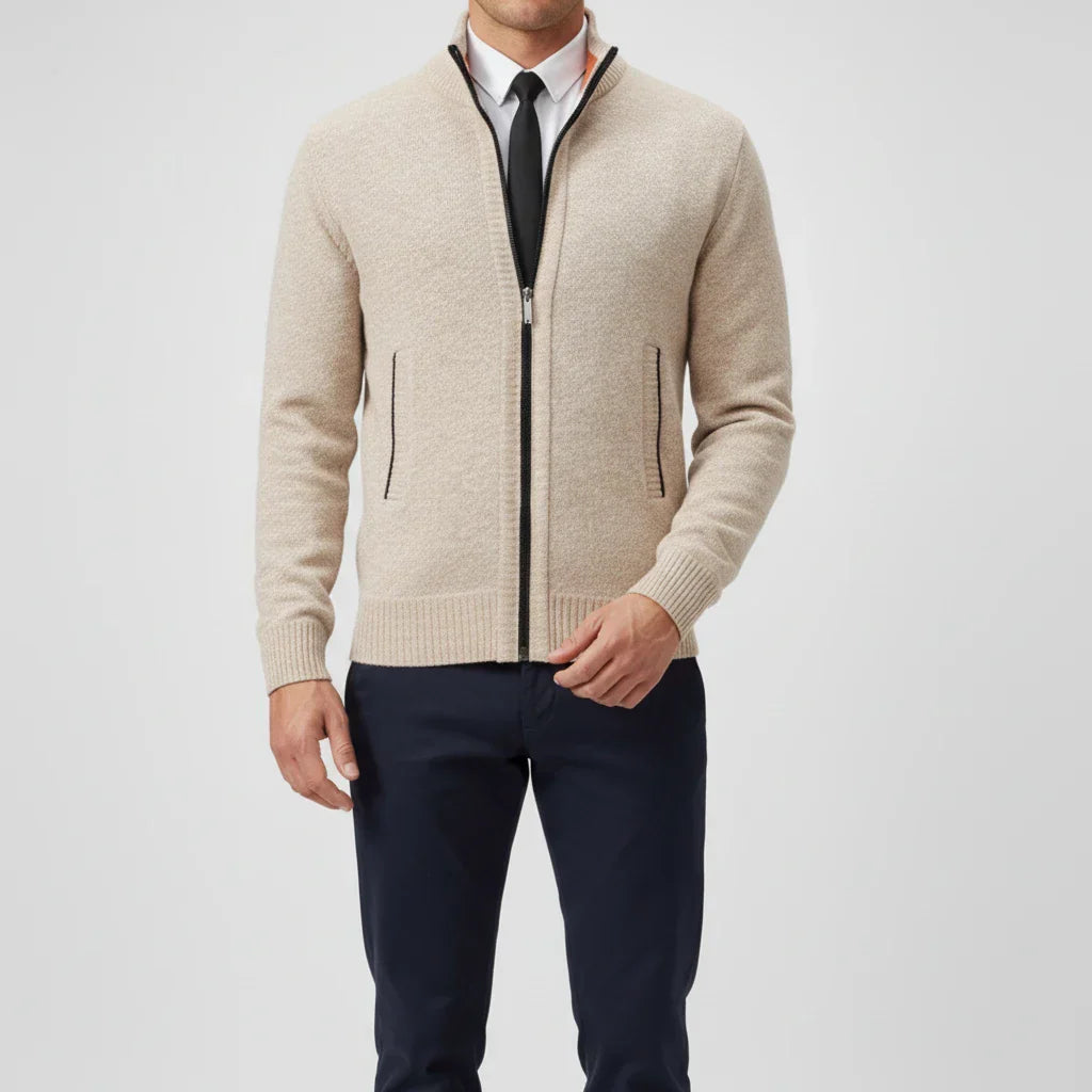 Men's zip-up sweater stand collar slim fit versatile layering piece for office and weekend wear